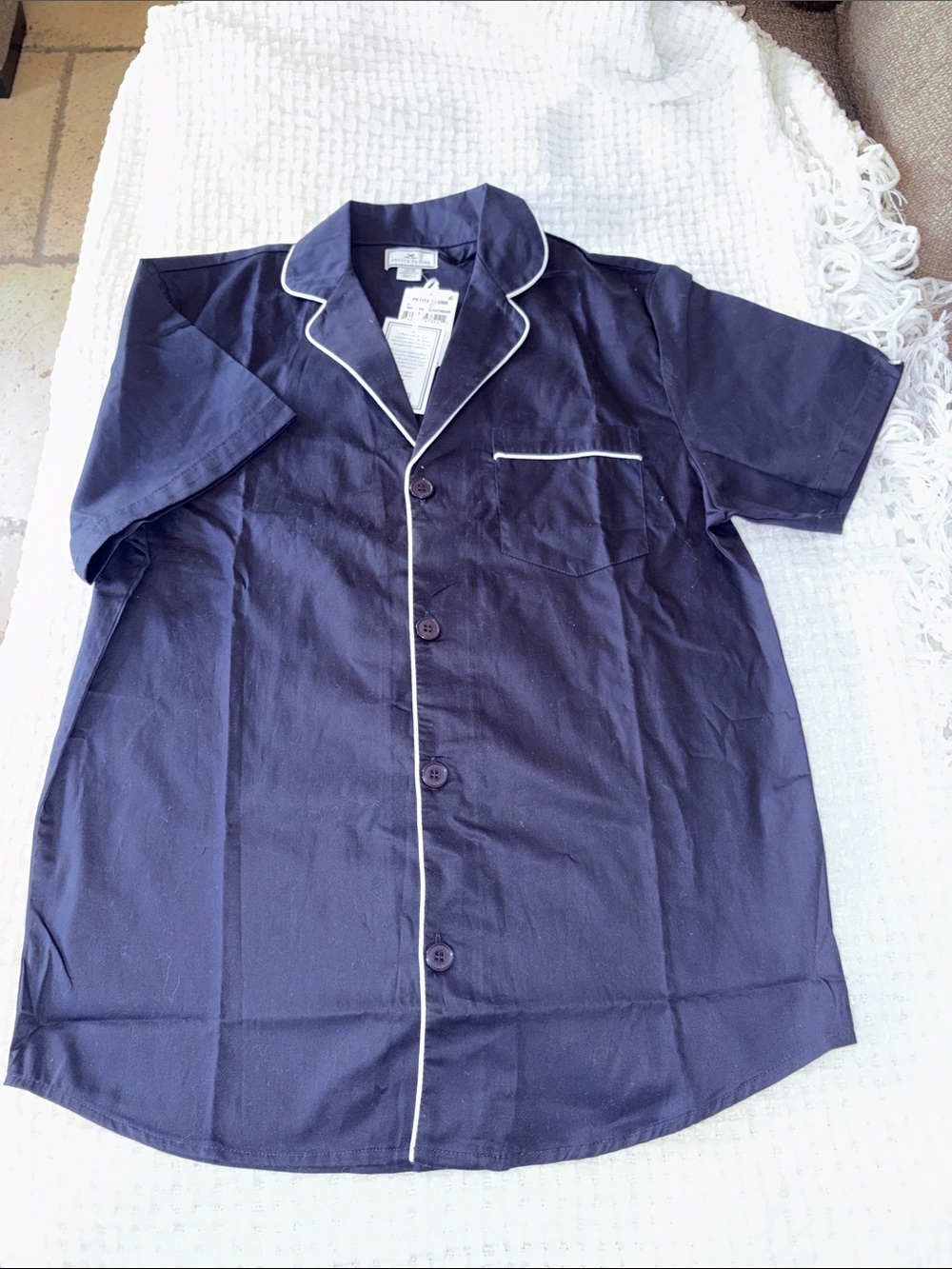 Petite Plume Men’s Navy Short Sleeve Button Pajama Top with White Piping BNWT S